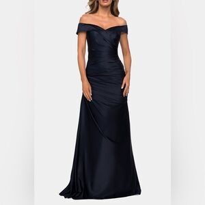 NWT La Femme Navy Blue off the Shoulder Satin evening dress Maxi Dress Women 6
